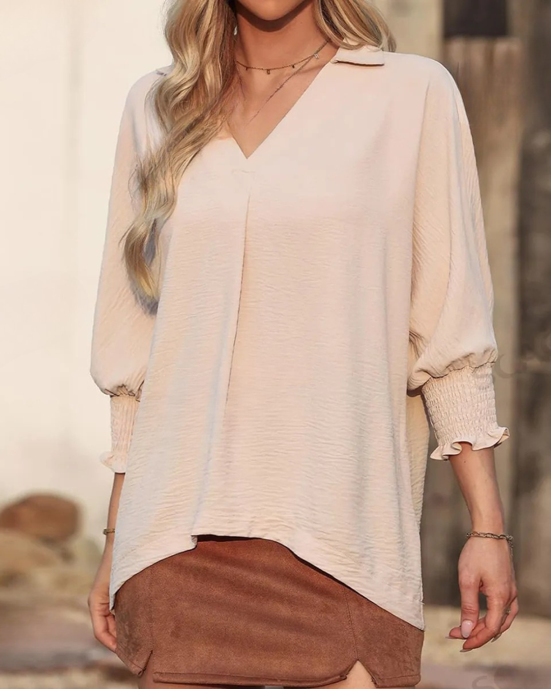 Blusa casual feminina com decote em V e manga 3/4, folgada e justa